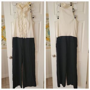 BCBG Maxazria Wide Leg Trouser Jumpsuit SZ 12 Ruffled Sleeveless White/Black